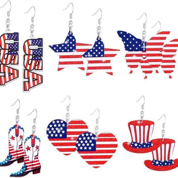 Jewelry - 6 Pairs 4th of July Earrings for Women Patriotic American Flag Star Earring Red